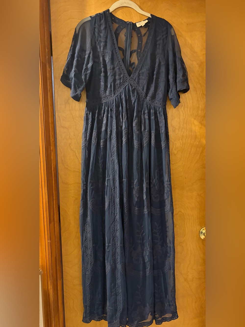 Navy Embroidered V-Neck Maternity Maxi Dress